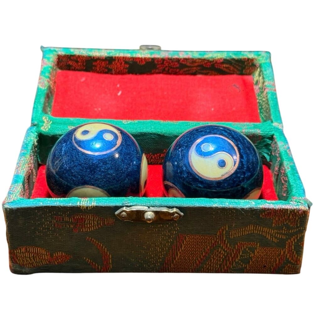 Vintage Chinese Chiming Baoding Balls Yin Yang Blue Cloisonné Enamel with Box
